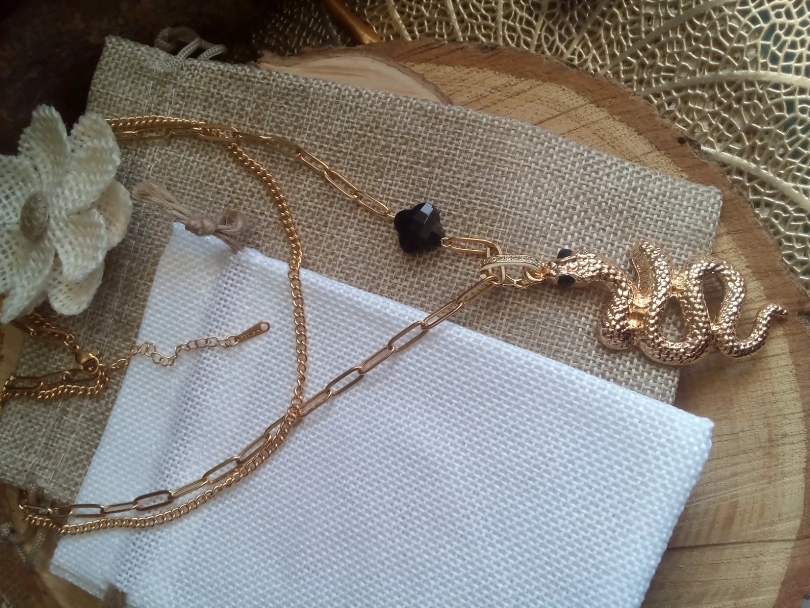 Collier serpent et pierre trèfle obsidienne noire 🖤. – photo 2
